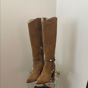 Dolce Vita Tan Suede Heeled Boots with Gold Decorative Tie